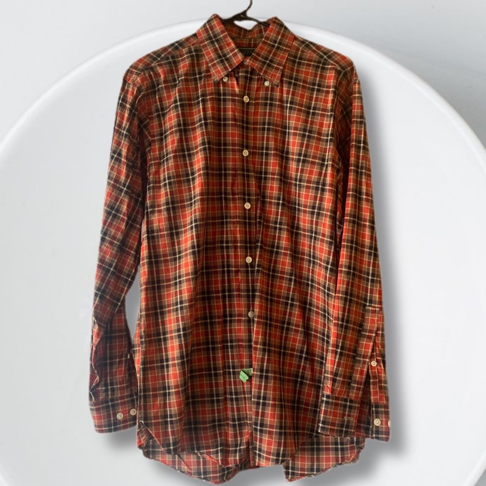 Red, navy, and tan long sleeve dress shirt